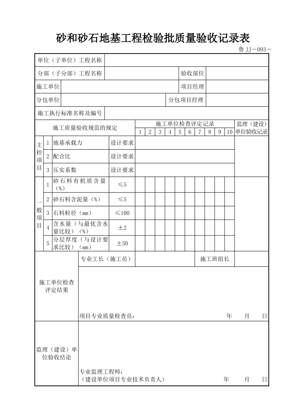 鲁JJ－093砂和砂石地基工程检验批质量验收记录表.DOC_第1页