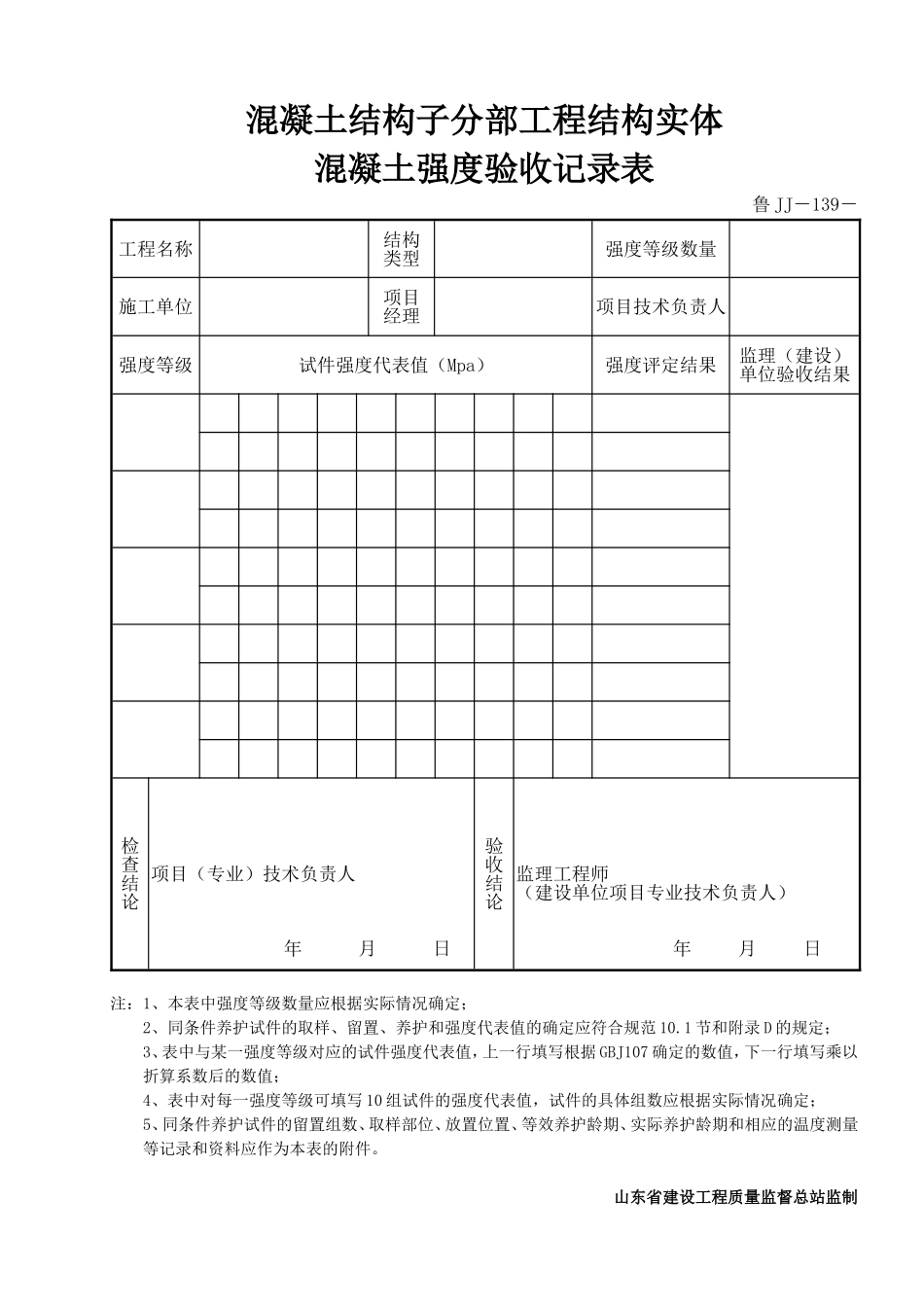 鲁JJ－139混凝土结构子分部工程结构实体混凝土强度验收记录表.DOC_第1页