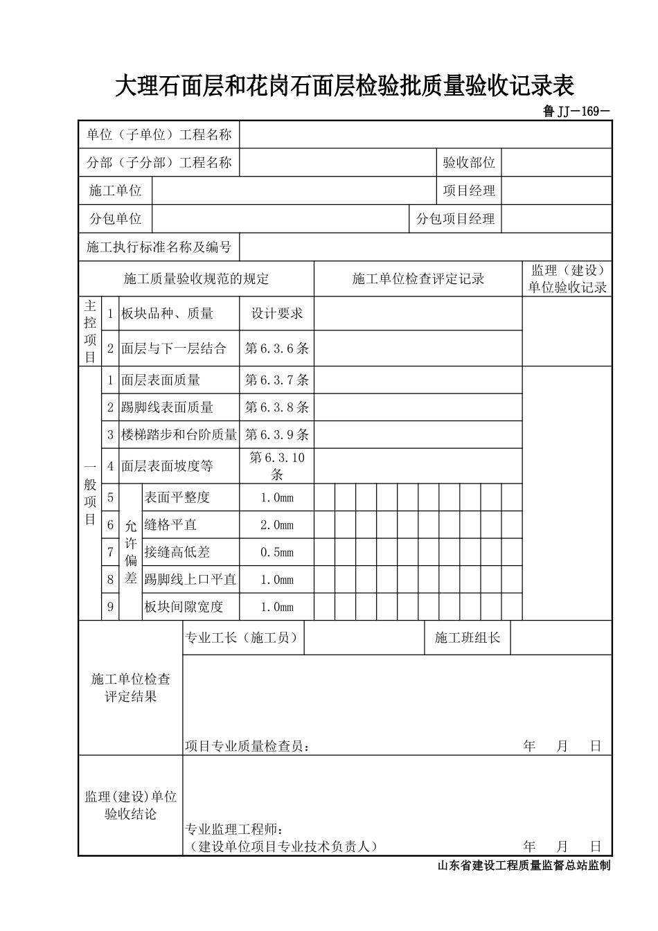 鲁JJ－169大理石面层和花岗石面层检验批质量验收记录表.DOC_第1页