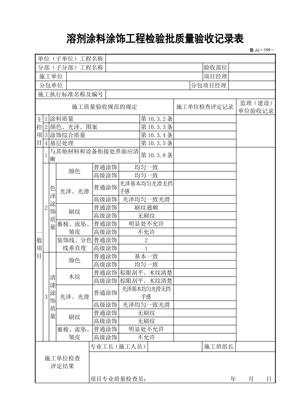 鲁JJ－199溶剂涂料涂饰工程检验批质量验收记录表.DOC_第1页