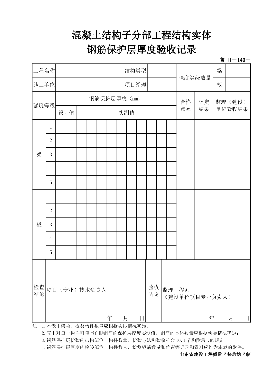 鲁JJ－140混凝土结构子分部工程结构实体钢筋保护层厚度验收记录.DOC_第1页