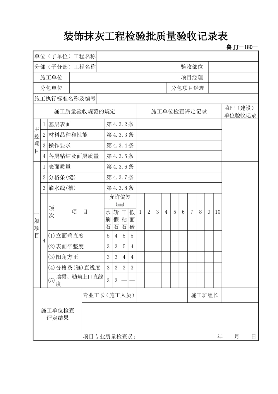 鲁JJ－180装饰抹灰工程检验批质量验收记录表.DOC_第1页
