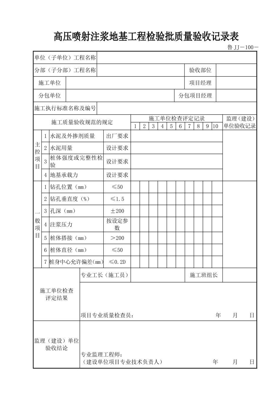 鲁JJ－100高压喷射注浆地基工程检验批质量验收记录表.DOC_第1页