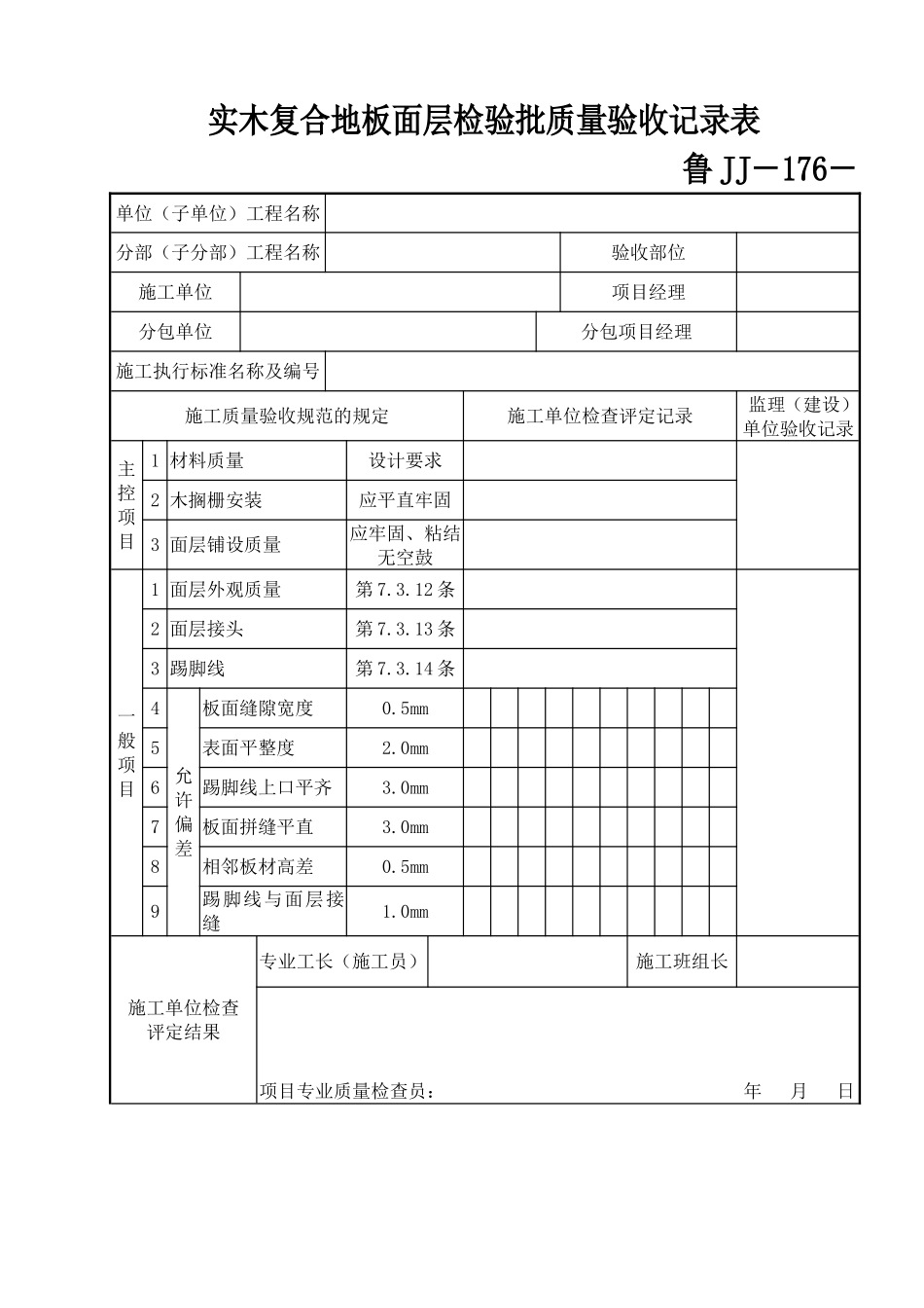 鲁JJ－176实木复合地板面层检验批质量验收记录表.DOC_第1页