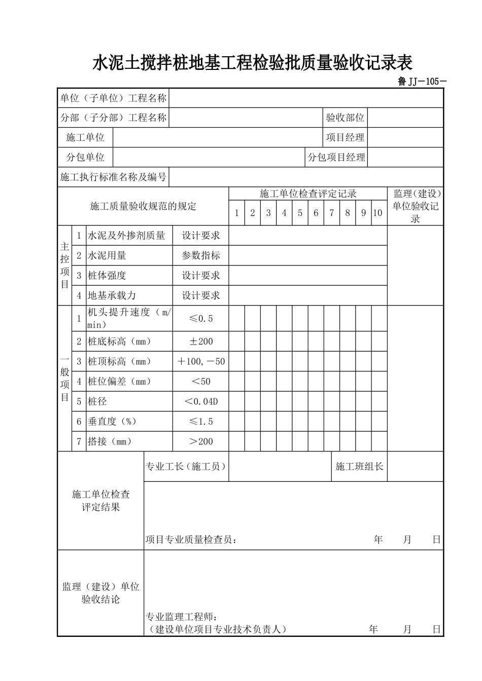 鲁JJ－105水泥土搅拌桩地基工程检验批质量验收记录表.DOC_第1页