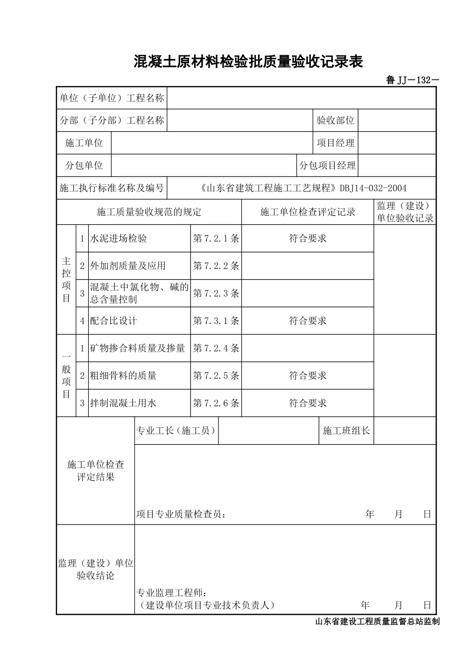 鲁JJ－132混凝土原材料检验批质量验收记录表.DOC_第1页