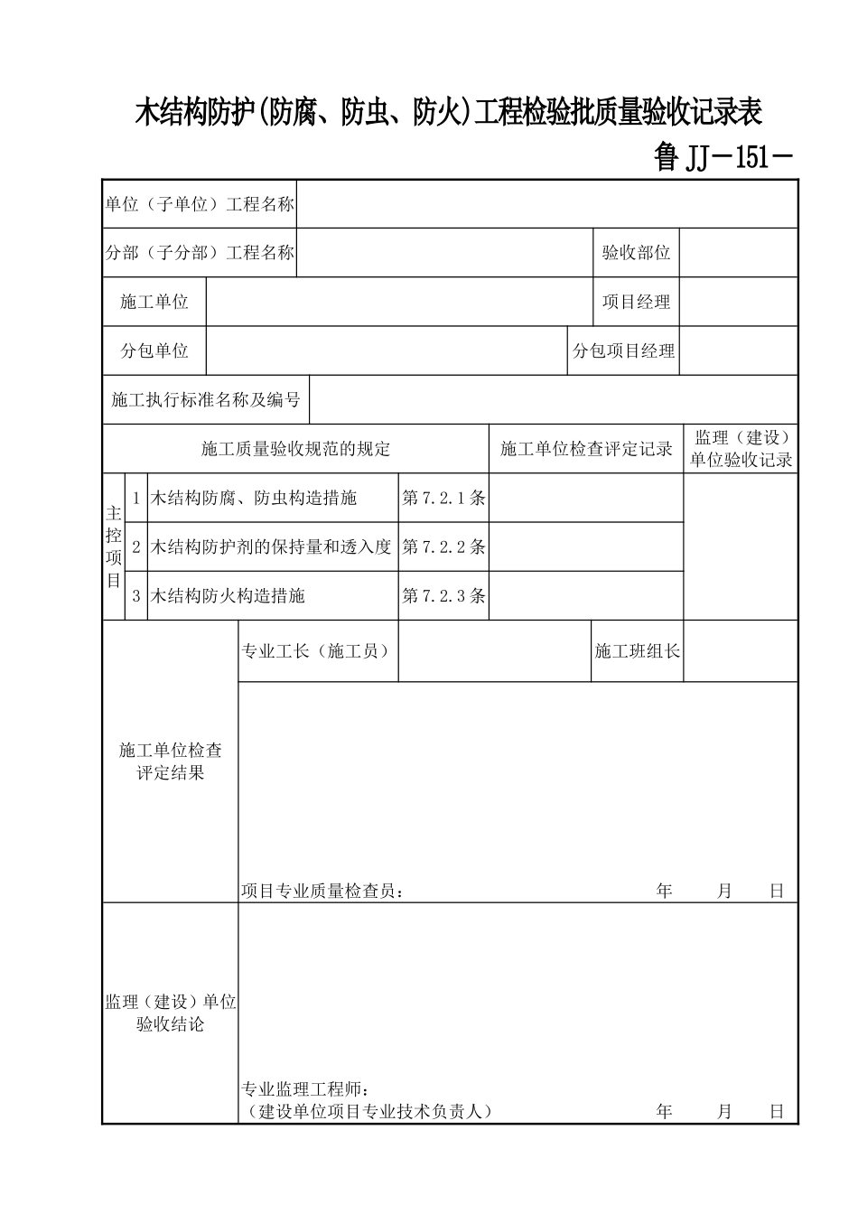 鲁JJ－151木结构防护(防腐、防虫、防火)工程检验批质量验收记录表.DOC_第1页