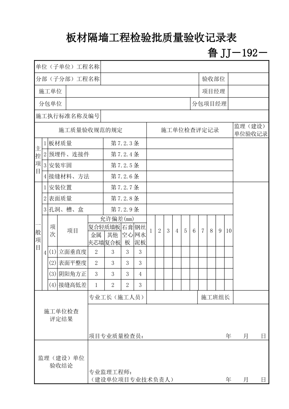 鲁JJ－192板材隔墙工程检验批质量验收记录表.DOC_第1页