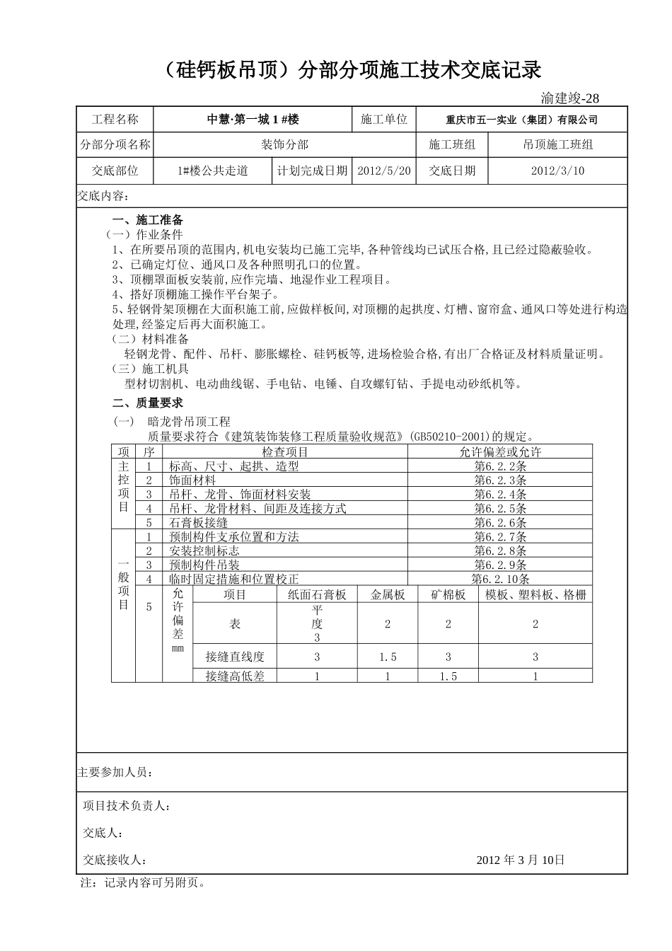 （硅钙板吊顶）分部分项施工技术交底记录.doc_第1页