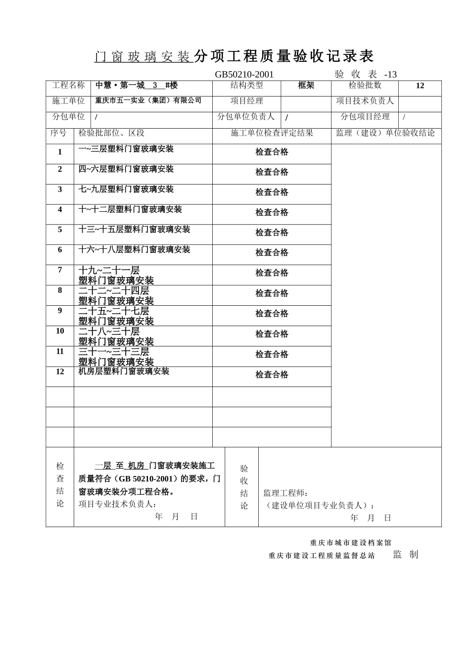(玻璃1张)分项工程质量验收记录表.doc_第1页