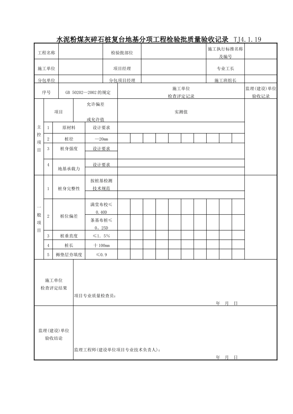 063 水泥粉煤灰碎石桩复台地基分项工程检验批质量验收记录TJ4-1-19.doc_第1页