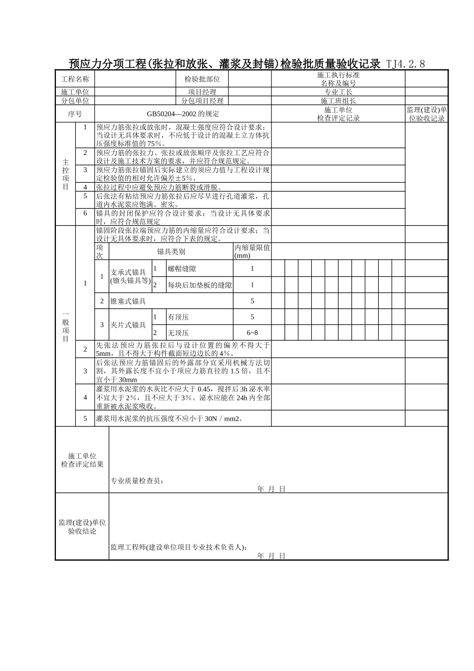 097 预应力分项工程(张拉和放张、灌浆及封锚)检验批质量验收记录 TJ4-2-08.doc_第1页
