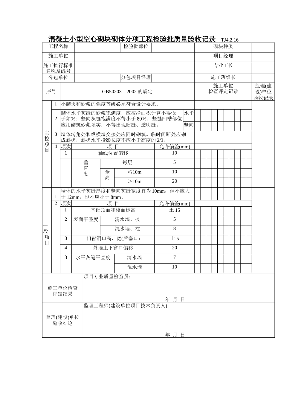 130 混凝土小型空心砌块砌体分项工程检验批质量验收记录TJ4-2-16.doc_第1页