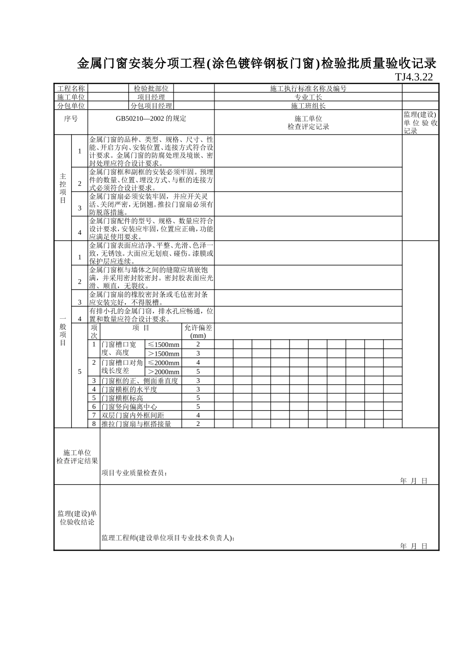 161 金属门窗安装分项工程(涂色镀锌钢板门窗)检验批质量验收记录TJ4-3-22.doc_第1页
