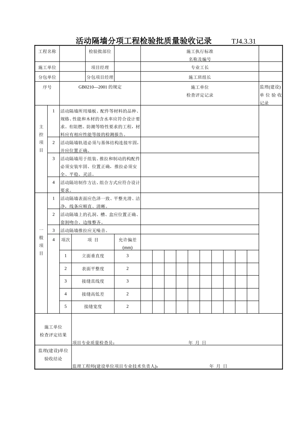 170 活动隔墙分项工程检验批质量验收记录TJ4-3-31.doc_第1页