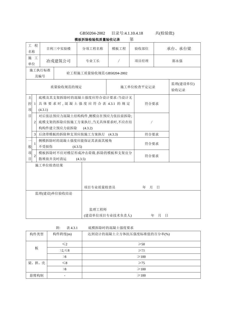 4.1.10.4.18 模板拆除检验批质量验收记录.doc_第1页