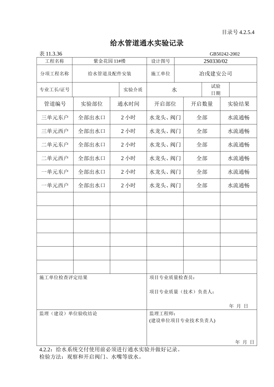 4.2.5.4 给水管道通水实验记录.doc_第1页