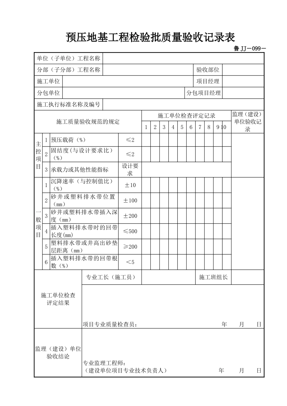 鲁JJ－099预压地基工程检验批质量验收记录表.DOC_第1页