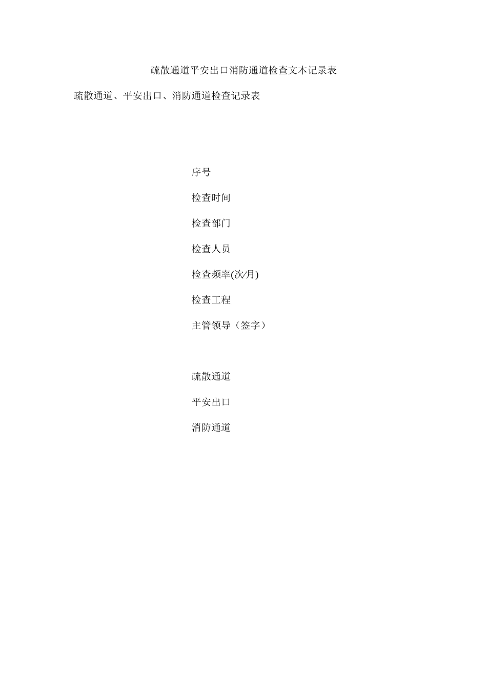 2023年疏散通ۥ道安全出口消防通道检查文本记录表范文.docx_第1页