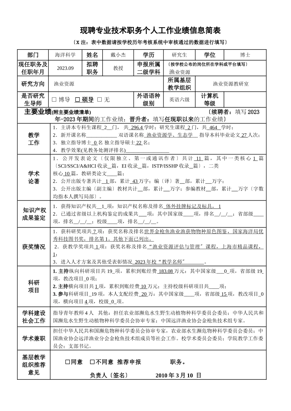 2023年现聘专业技术职务个人工作业绩信息简表.doc_第1页