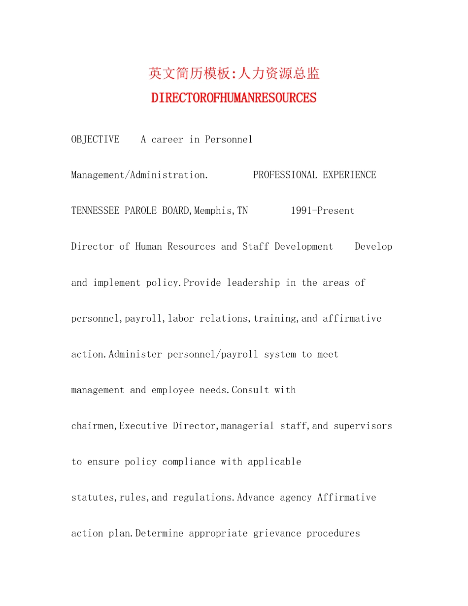 2023年英文简历模板人力资源总监DIRECTOROFHUMANRESOURCES.docx_第1页