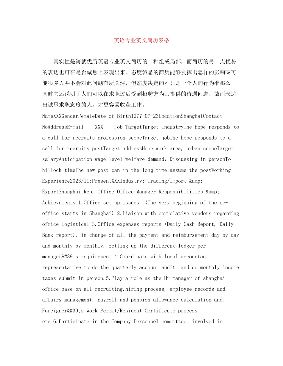 2023年英语专业英文简历表格.docx_第1页