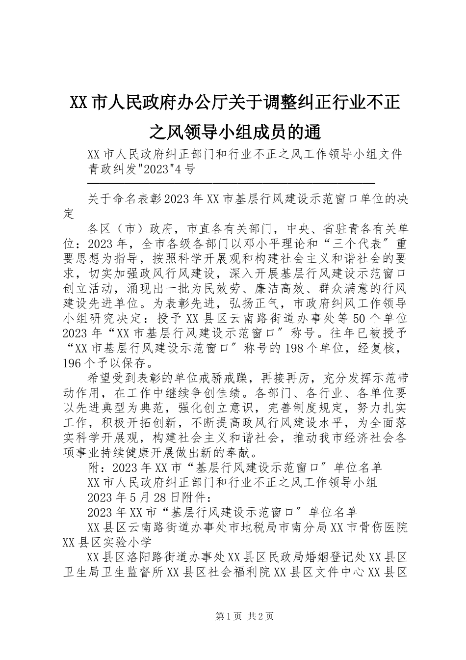 2023年XX市人民政府办公厅关于调整纠正行业不正之风领导小组成员的通.docx_第1页