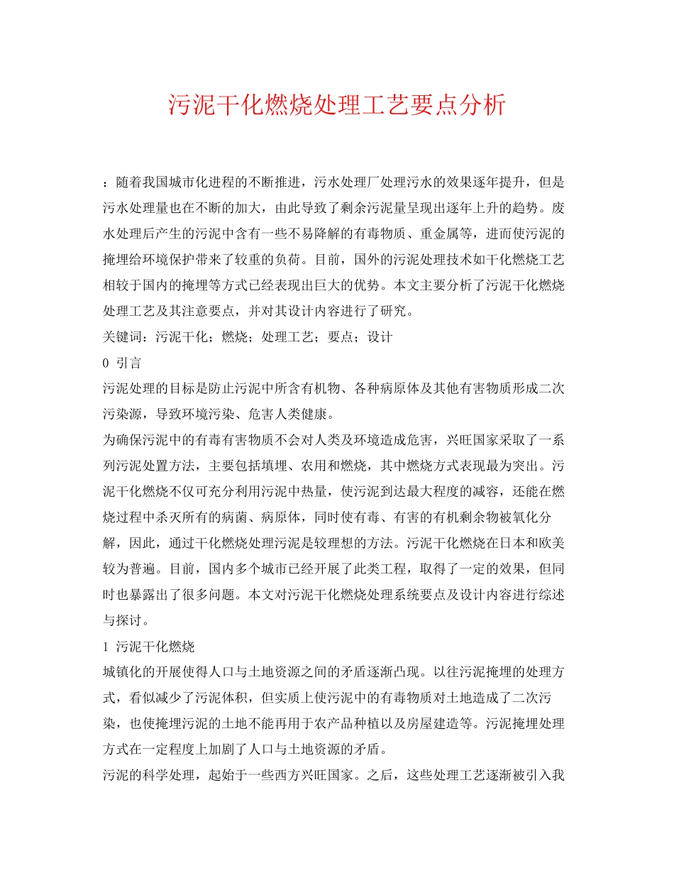 2023年《安全管理论文》之污泥干化焚烧处理工艺要点分析.docx_第1页