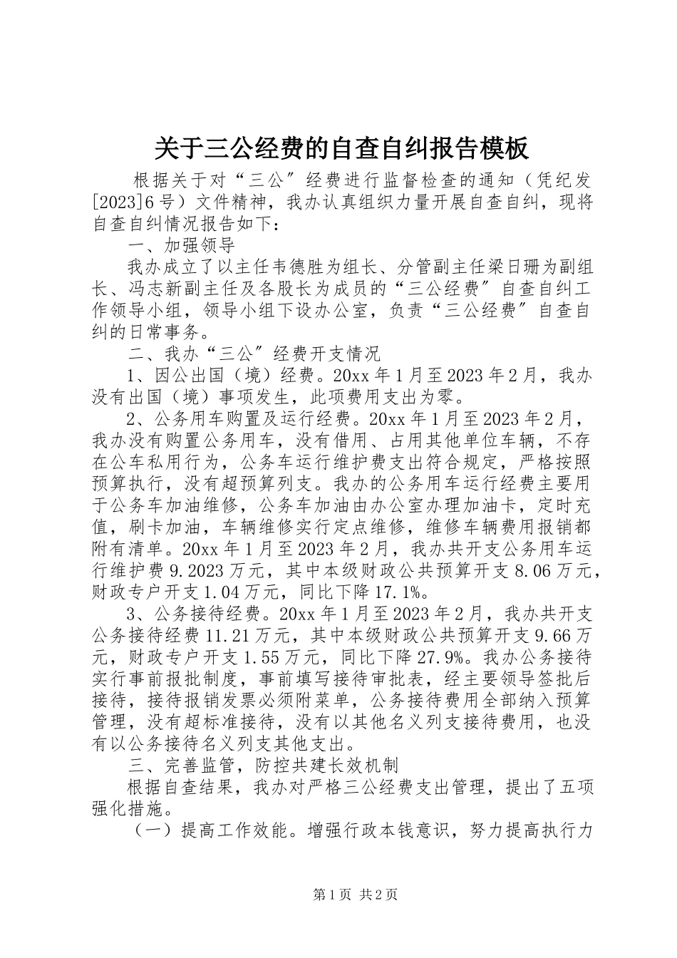2023年三公经费的自查自纠报告模板.docx_第1页