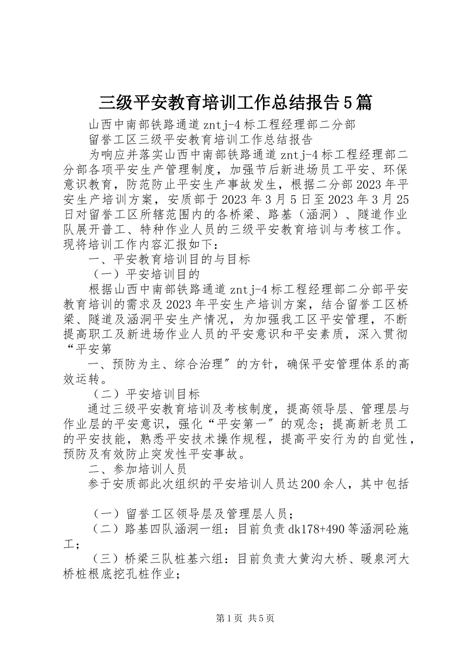 2023年三级安全教育培训工作总结报告5篇.docx_第1页