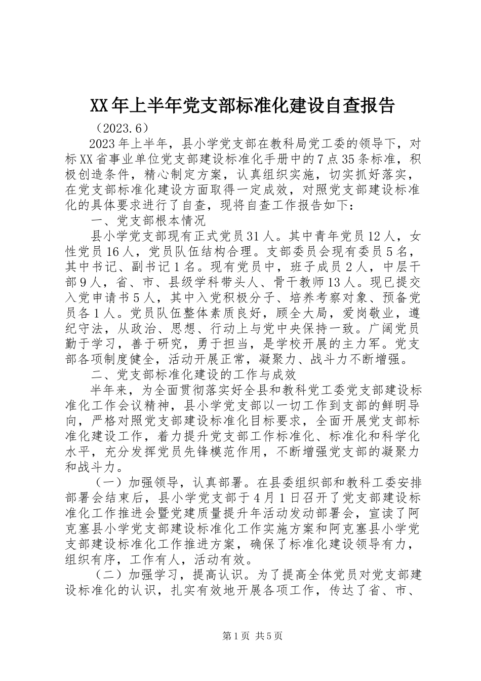 2023年上半年党支部标准化建设自查报告.docx_第1页