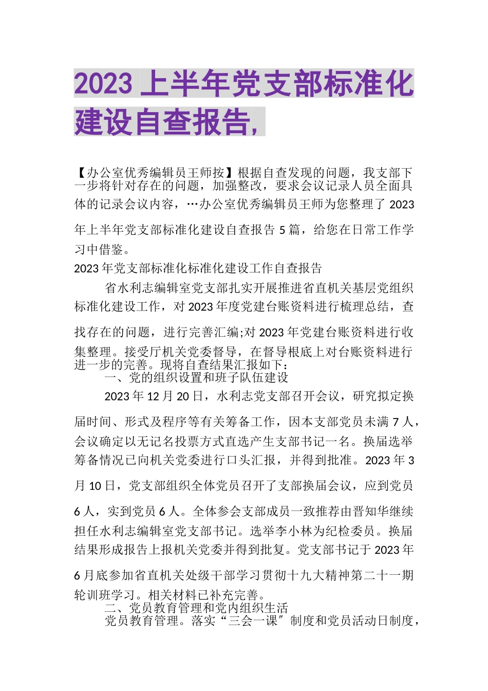2023年上半年党支部标准化建设自查报告,.doc_第1页