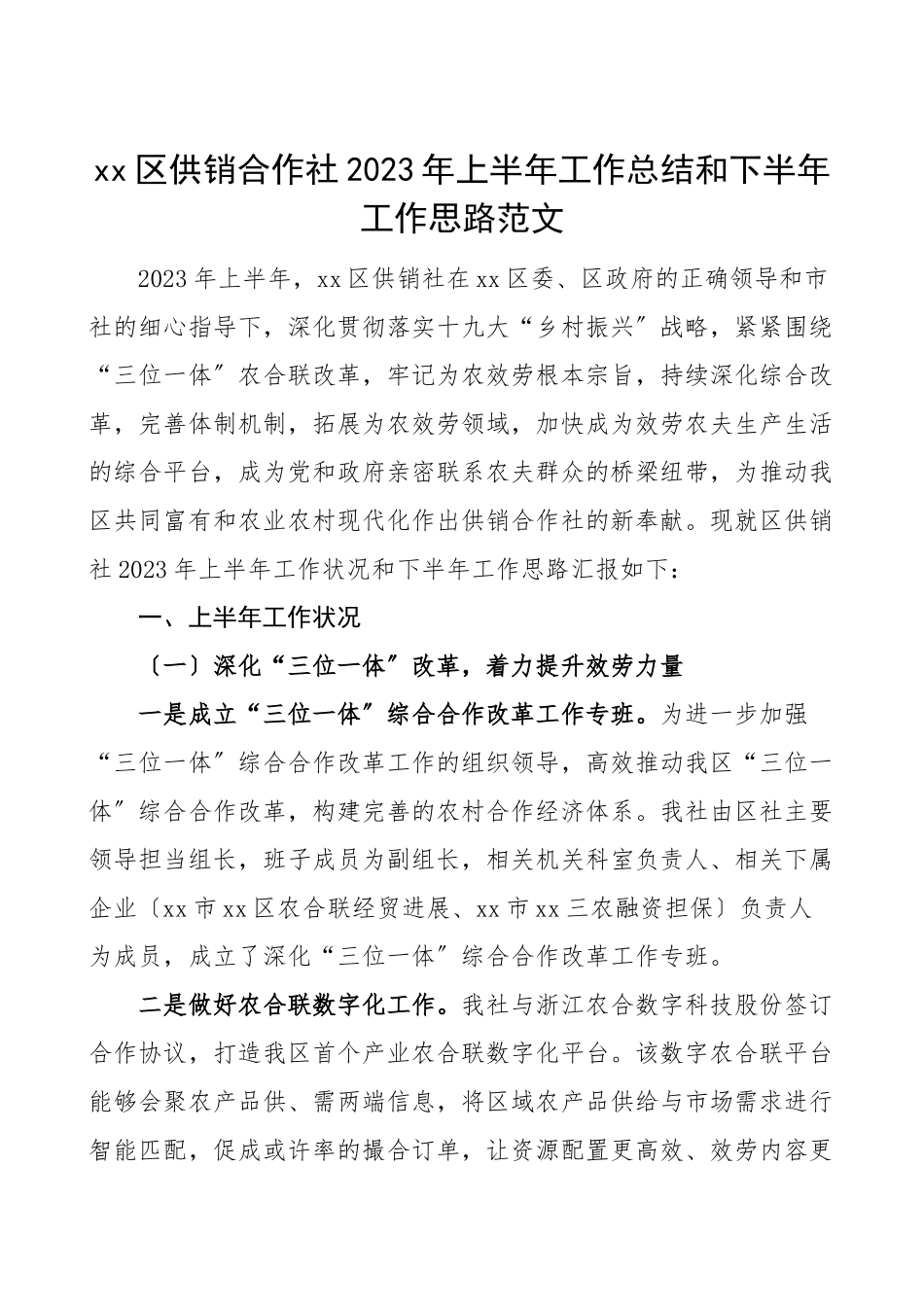 2023年上半年工作总结和下半年工作思路供销社工作汇报报告工作计划.doc_第1页
