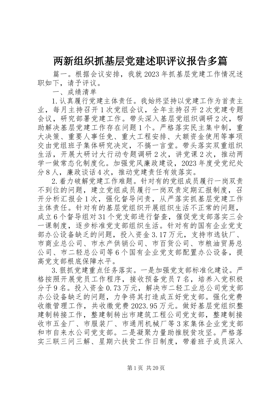 2023年两新组织抓基层党建述职评议报告多篇.docx_第1页