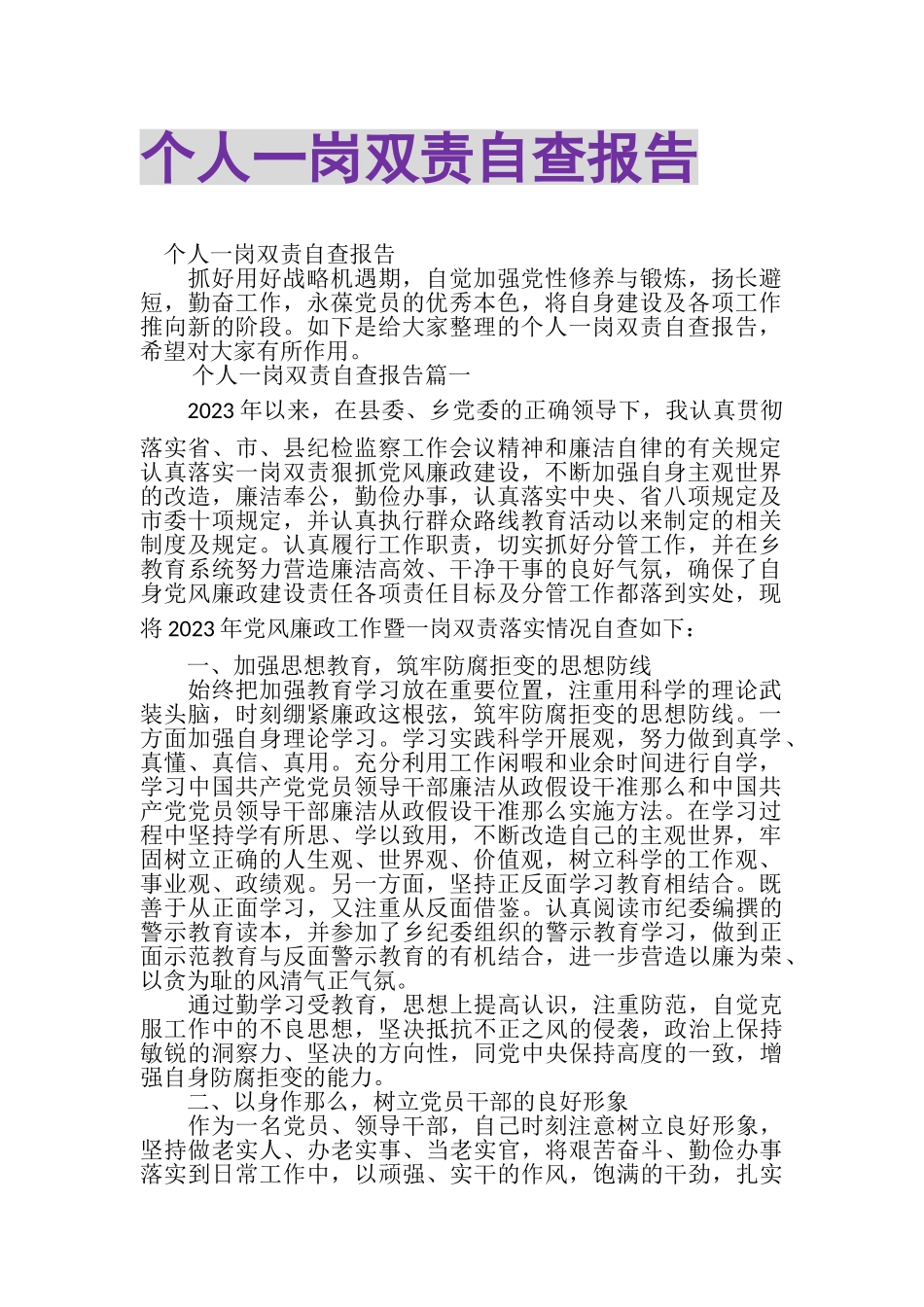 2023年个人一岗双责自查报告.doc_第1页