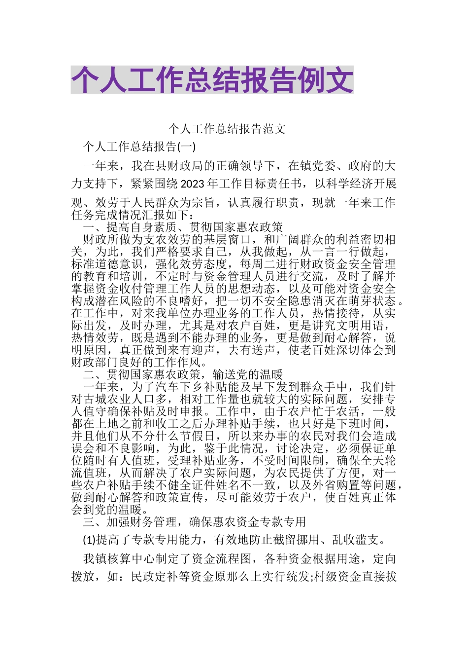 2023年个人工作总结报告例文.doc_第1页