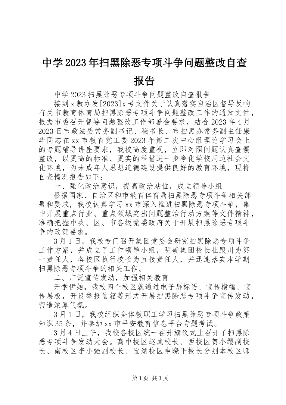 2023年中学扫黑除恶专项斗争问题整改自查报告.docx_第1页
