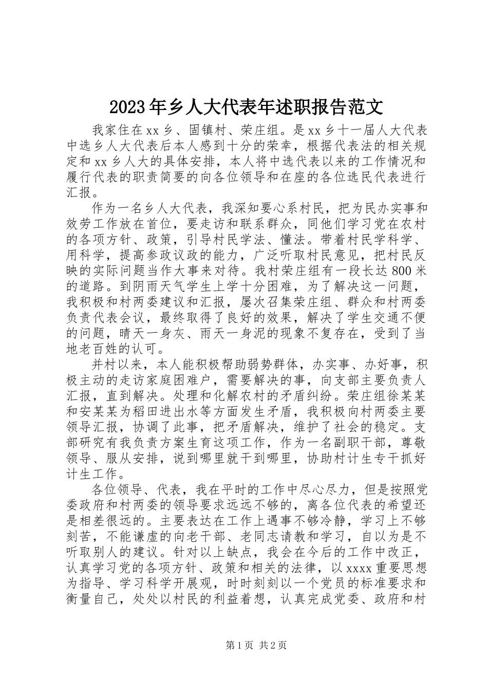 2023年乡人大代表年述职报告.docx_第1页