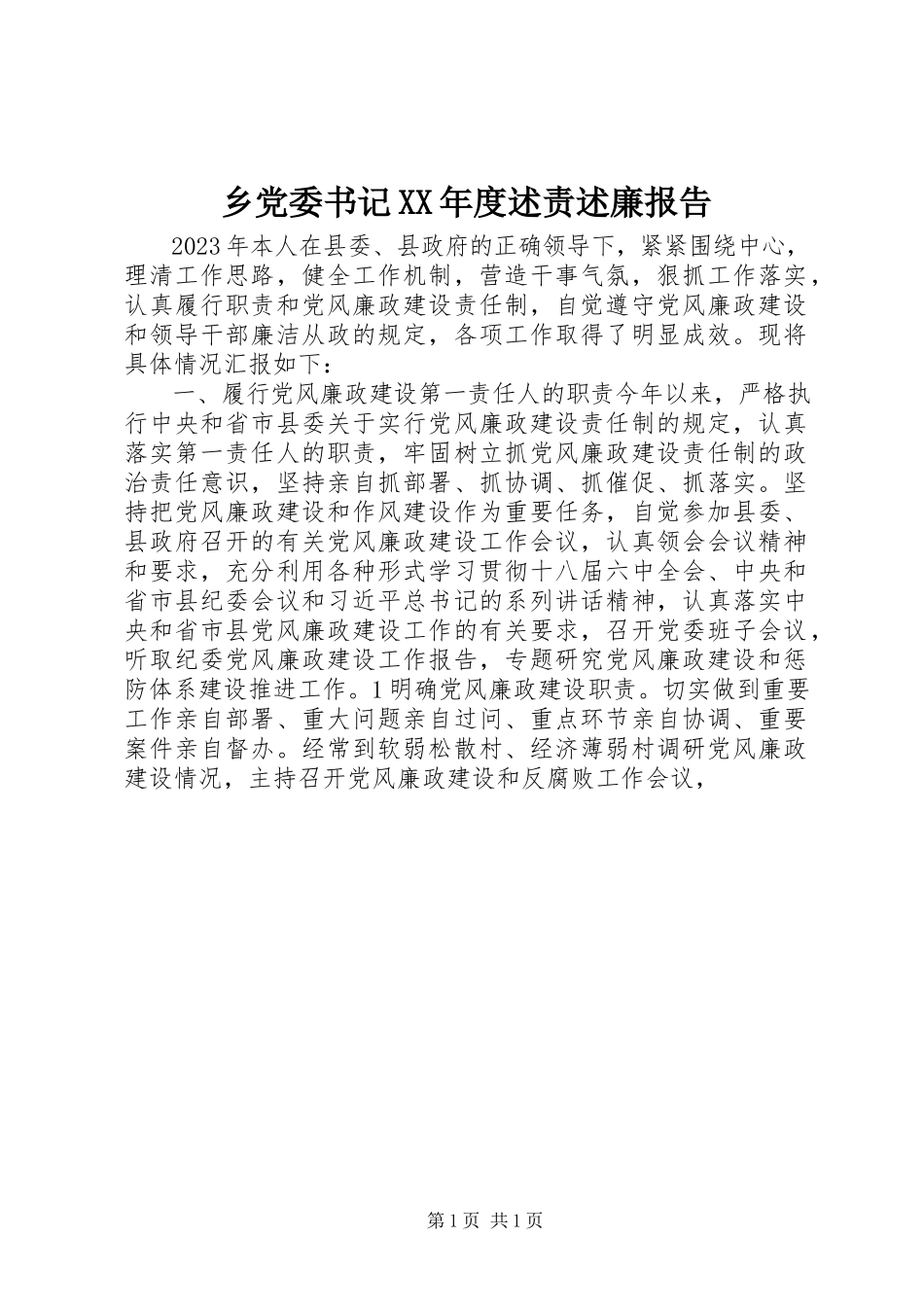 2023年乡党委书记度述责述廉报告.docx_第1页