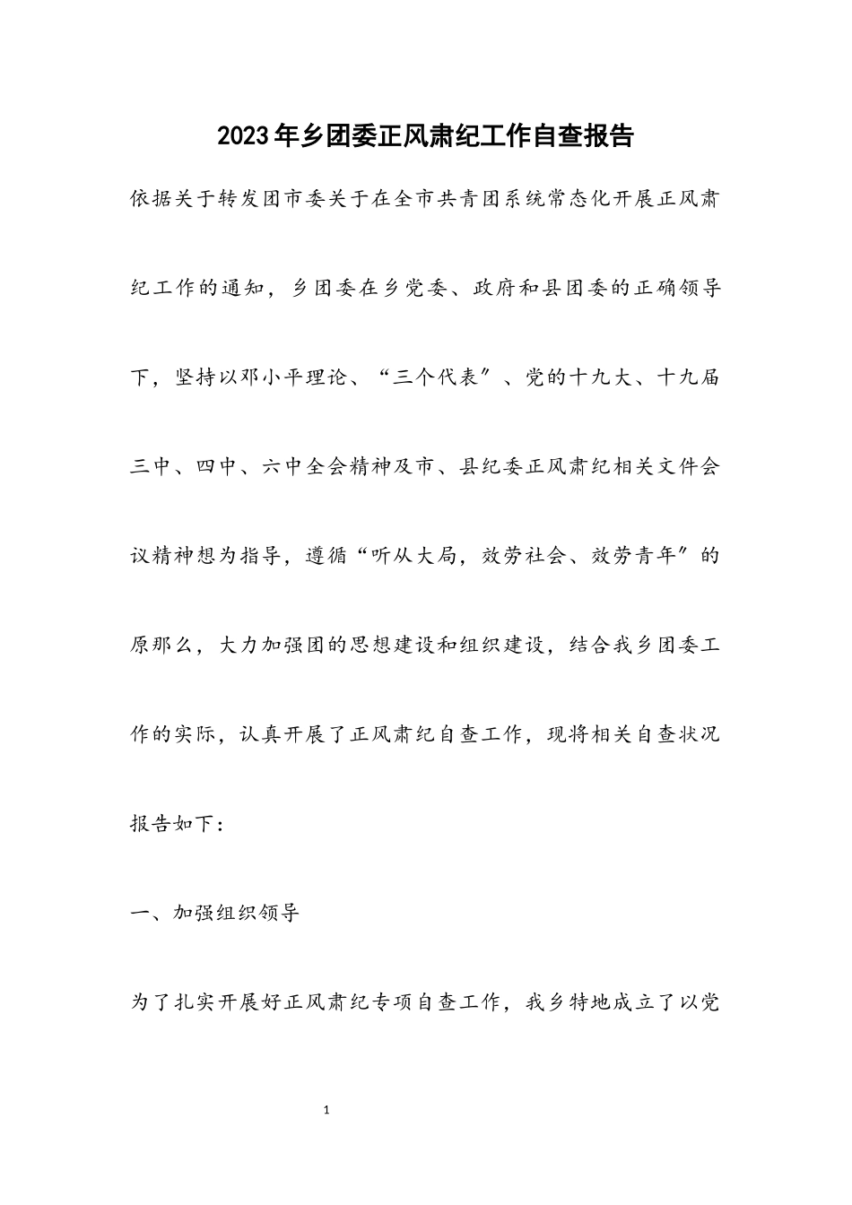 2023年乡团委正风肃纪工作自查报告.docx_第1页