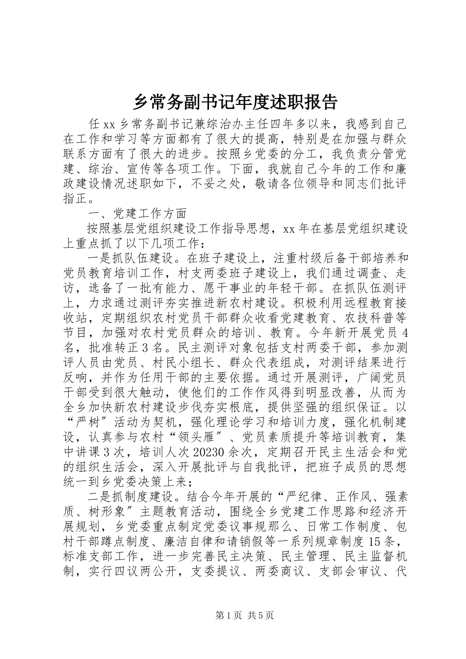 2023年乡常务副书记年度述职报告.docx_第1页