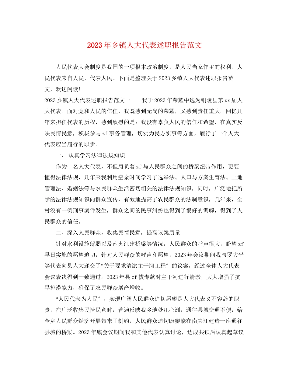2023年乡镇人大代表述职报告范文2.docx_第1页