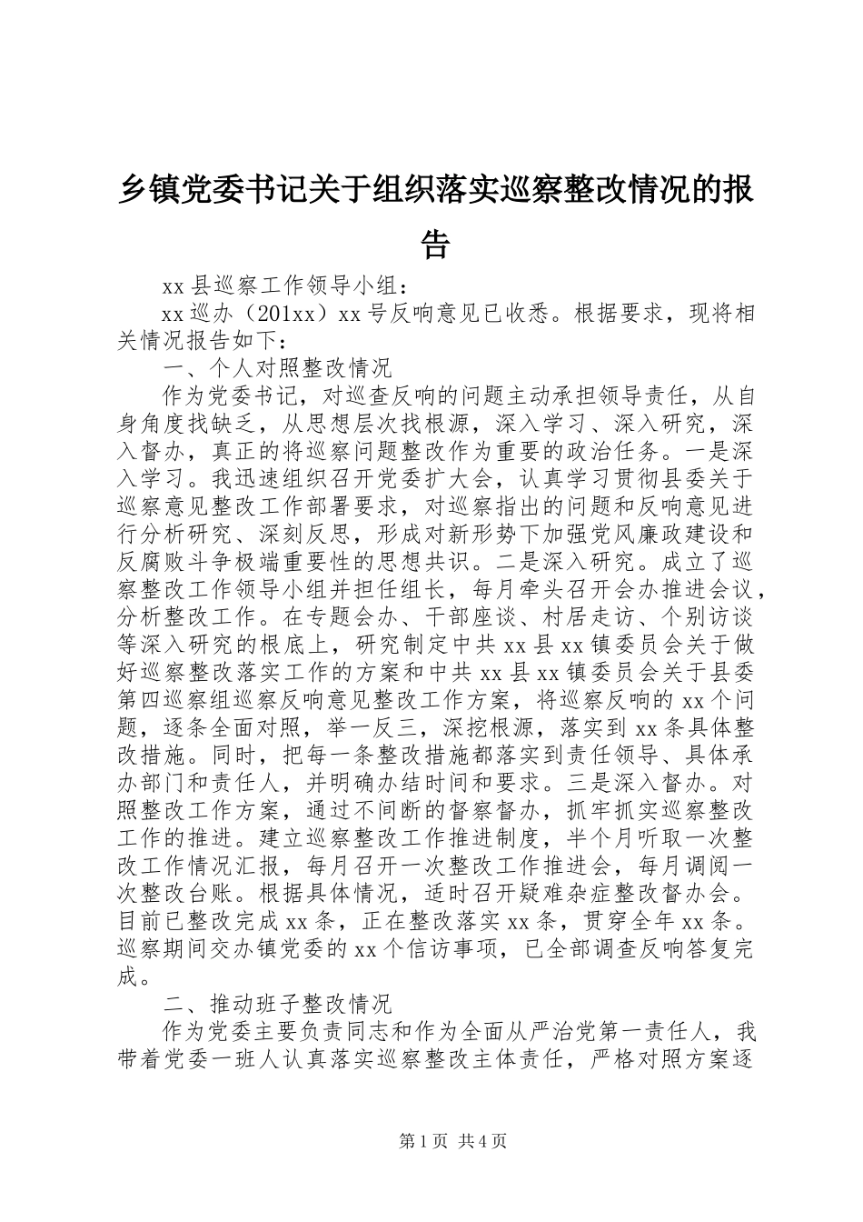 2023年乡镇党委书记关于组织落实巡察整改情况的报告.docx_第1页