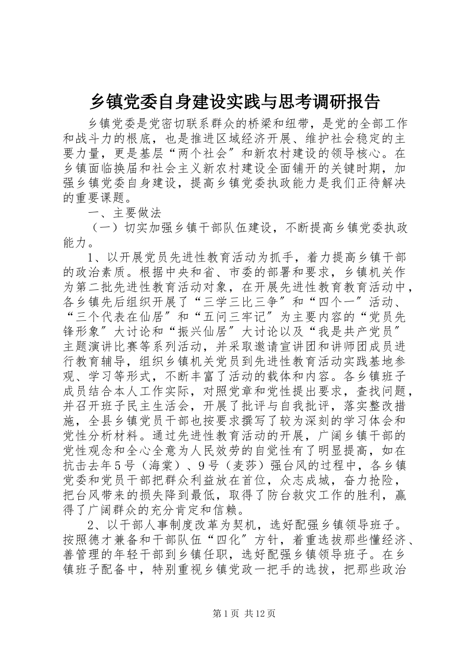 2023年乡镇党委自身建设实践与思考调研报告.docx_第1页