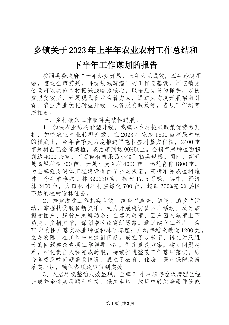 2023年乡镇关于上半年农业农村工作总结和下半年工作谋划的报告.docx_第1页