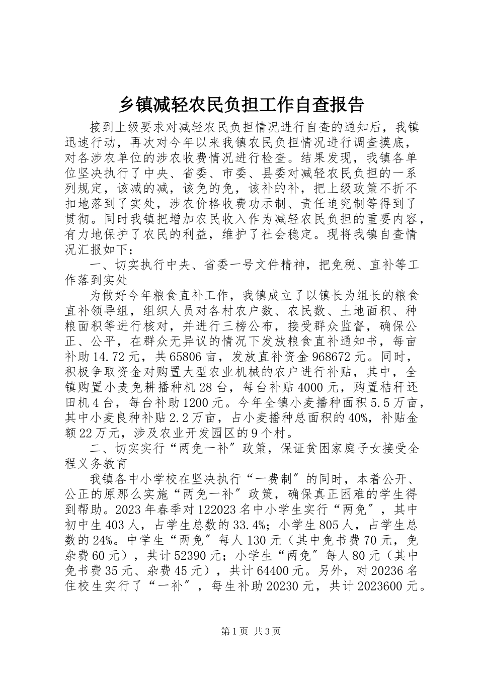 2023年乡镇减轻农民负担工作自查报告.docx_第1页