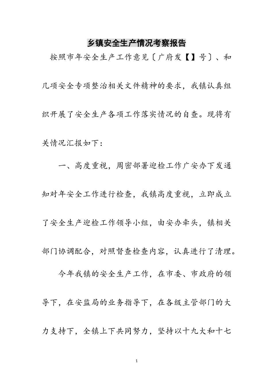 2023年乡镇安全生产情况考察报告范文.doc_第1页