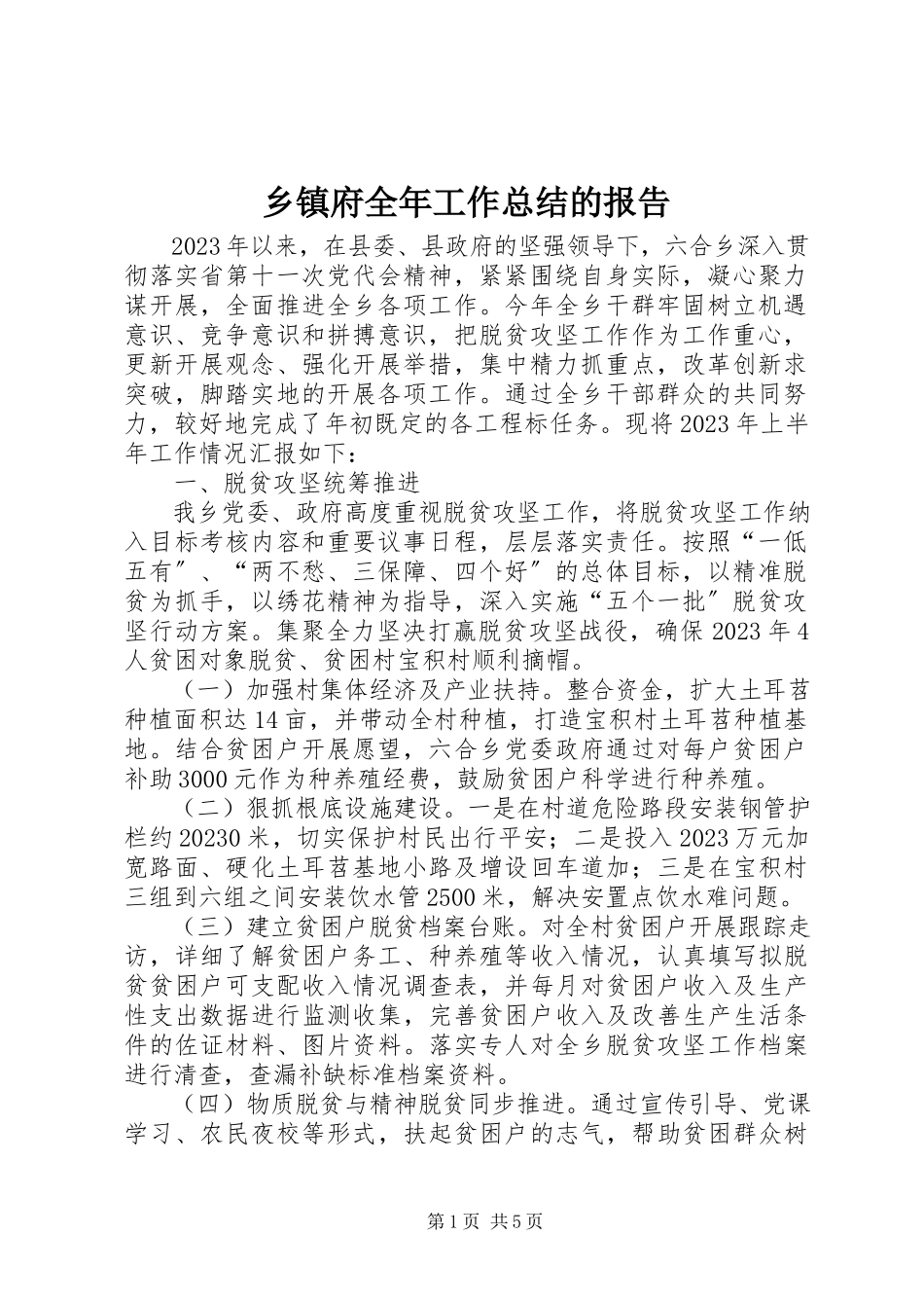 2023年乡镇府全年工作总结的报告.docx_第1页