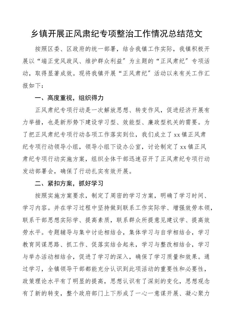 2023年乡镇开展正风肃纪专项整治工作情况总结工作总结汇报报告.doc_第1页