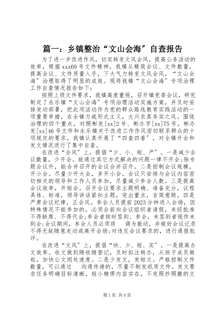2023年乡镇整治“文山会海”自查报告.docx_第1页